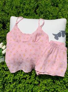 Comfortcana Women's 2pcs/Set Summer Vacation Textured Floral Print Camisole Top And Shorts Set