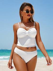 SHEIN Swim Minimalist Ruched Bust Detached Tankini Women Swimsuit, Flattering For Summer Beach Vacation - White - View 7