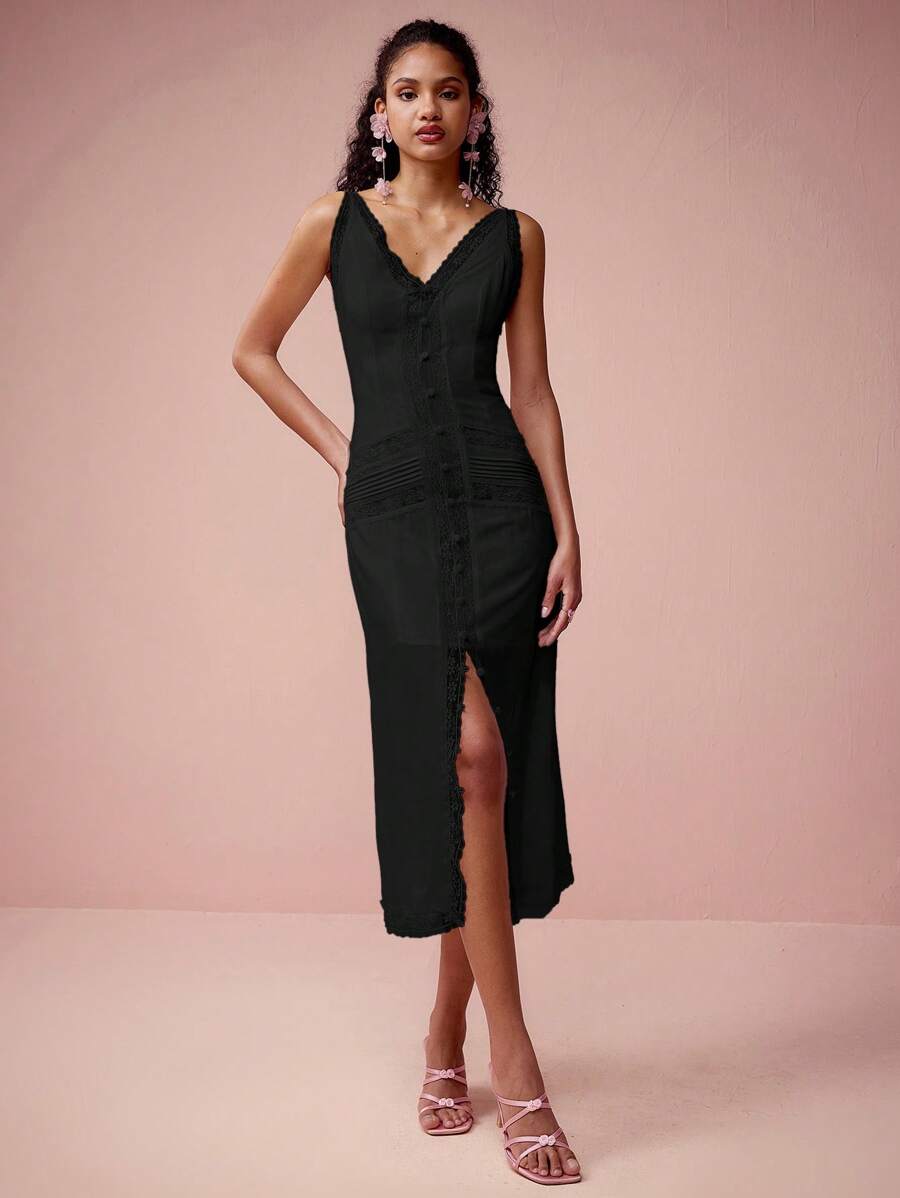 Enchnt Đầm bodycon dài vừa phải, không tay, phối ren đơn hàng khuy xẻ tà dành cho nữ - màu đen - Xem 1
