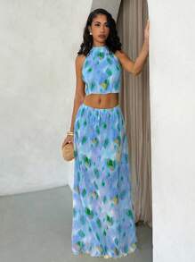 Glamine Bộ đồ hai mảnh hở lưng xếp li họa tiết trừu tượng mùa xuân và mùa hè gợi cảm cho kỳ nghỉ - Màu xanh lam - Xem 1