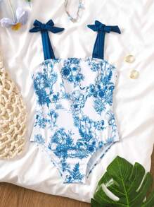 Travachic KIDS 女婴撞色花卉印花舒适休闲泳衣 - 藍色 - 查看 3
