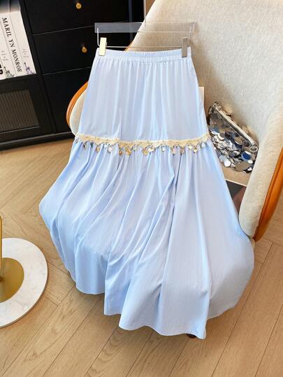 Chiquease Fashionable Casual Vacation Bohemian Shell Sequin Tassel High Waist Elastic Waist Draped Pleated A-Line Skirt Fall Cloth For Women