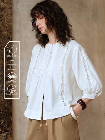 Arave 女士 100% 纯棉褶皱孔眼衬衫 2025 春季新款法式镂空蕾丝拼布衬衫短款设计小众泡泡袖衬衫、白色上衣、女士夏季服装、夏季衬衫、女士外出上衣、夏季上衣