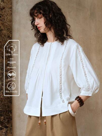 Aveloria Modichic 女士 100% 纯棉褶皱孔眼衬衫 2025 春季新款法式镂空蕾丝拼布衬衫短款设计小众泡泡袖衬衫、白色上衣、女士夏季服装、夏季衬衫、女士外出上衣、夏季上衣