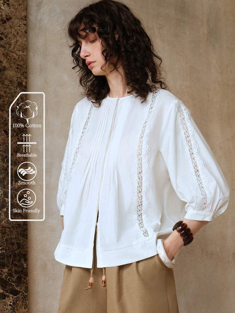 Arave Bluză pentru femei, 100% bumbac, plisată, cu ochiuri, 2025, bluză nouă franțuzească cu scobituri în contrast, dantelă, design scurt, cămașă de nișă cu mâneci bufante, top alb, pentru femei, cămăși, topuri pentru ieșiri în oraș, topuri pentru femei de toamnă, femei de toamnă, toamnă - alb - Vizualizare 1
