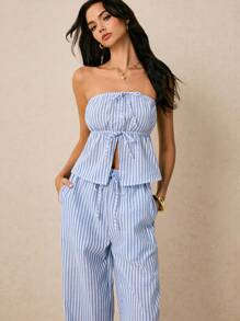 Poéselle 2件套女士条纹前系带抹胸上衣和裤子，休闲 - 藍白色 - 查看 4