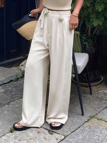 Livesso Women Rose Waist Belt Summer Casual Loose Draping Long Pants - White - View 6