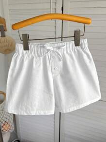 SHEIN Tween Girls Casual Solid White Front Button Drawstring Waist Shorts