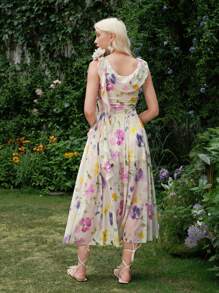 SHEIN MOD 垂領花卉3D裝飾浪漫花卉夏季度假洋裝，波希米亞風服飾 - 彩色 - 查看 2