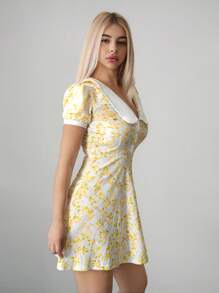 Sweetina 全新甜美性感辣妹黄色碎花细肩带飘逸太阳裙，适合假日休闲，白色毕业礼服，女士夏季连衣裙 - 黃色 - 查看 4