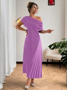Flirla 1 chiếc váy midi xẻ tà tay ngắn xếp ly vai lệch cỡ lớn cho nữ - Màu tím - Xem 3