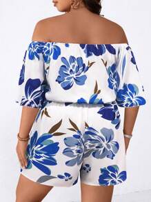 SHEIN Holidaya Plus Size Women Off Shoulder Floral Print Romper - Multicolor - View 2