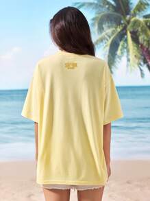 Shark Week X SHEIN Hai- & Buchstabengrafikprint Crew-Ausschnitt Kurzarm T-Shirt - Gelb - Übersicht 2