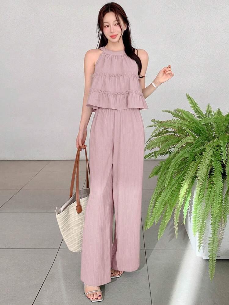 2pcs Set Women Solid Color Frill Trim Sleeveless Top And Wide Leg Pants,Back To School Clothes