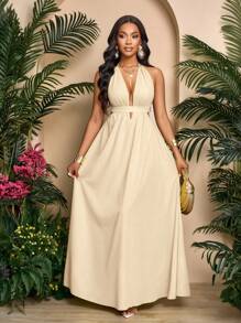 SOLERSUN 女士纯色露背 V 领度假海滩十字结露背长裙度假海滩装 - 杏色 - 查看 1