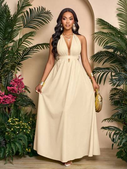 SOLERSUN Women Solid Color Halter V-Neck Vacation Holiday Beach Criss Cross Tie Backless Maxi Dress Vacation Beach Outfits