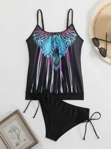 Swim Lushoire Women's Summer Beach Spaghetti Strap Pleated Front Patterned Tank Top & Side Drawstring Swimsuit Set - Multicolor - View 6