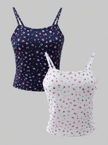 SHEIN Explorewe 2pcs Ditsy Floral Cami Tank Top For Teens, Slim Fit Cropped Camisole Summer Undershirt