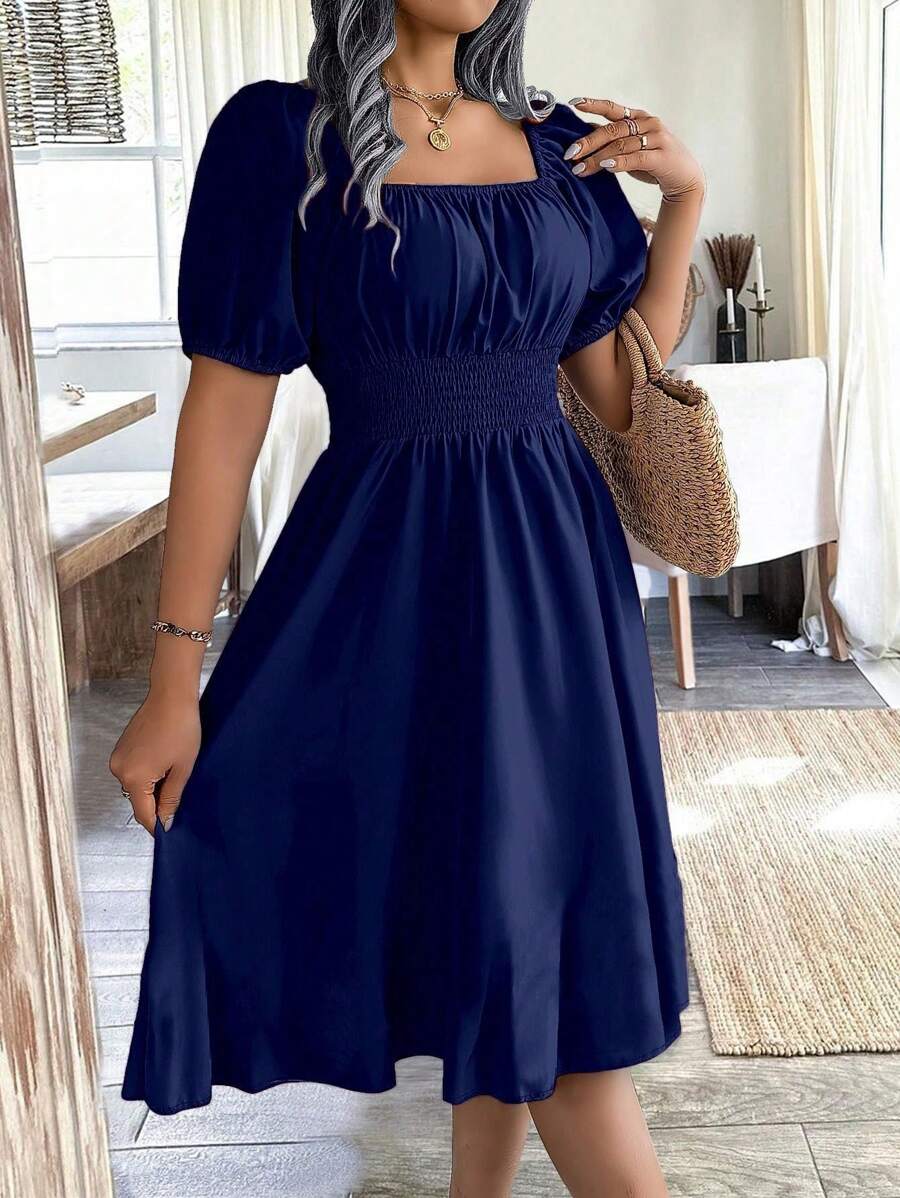 Breezaya 1 件女式方领泡泡袖收腰阔腿绿色连衣裙，春夏 - 藏蓝色 - 查看 1