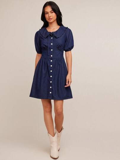 WESTFADE 扇形领 V 领可爱蝴蝶结纽扣前短泡泡袖修身喇叭迷你牛仔 87% 纯棉牛仔 A 字裙西部风纳什维尔波西米亚夏季海滩度假休闲可爱早午餐装