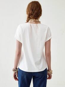 Florisole T-shirt ample bohème à col en V à manches courtes, décontracté et polyvalent - Blanc - Voir 2