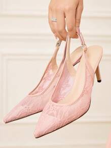 CUCCOO HITCHD Women Elegant Lace Embroidery Pointed Toe Shallow Pink Mesh Formal Shoes, High Heels Bridal Wedding Guest Party Pumps, Romantic Bridesmaid Shoes - Pink - View 1