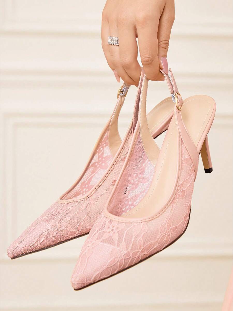 CUCCOO HITCHD Women Elegant Lace Embroidery Pointed Toe Shallow Pink Mesh Formal Shoes, High Heels Bridal Wedding Guest Party Pumps, Romantic Bridesmaid Shoes - Pink - View 1