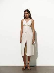 Lumivelle Women V-Neck Spaghetti Strap Twist Waist Slit Dress - Apricot - View 4