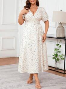 SHEIN Clasi 大码女装热销波西米亚风清新简约印花V领系带短袖摆腰显瘦中长款优雅度假春夏连衣裙