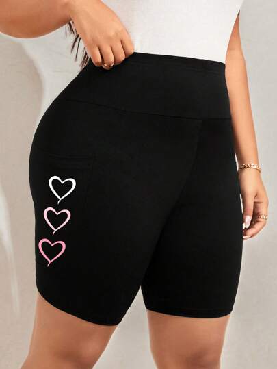 SHEIN LUNE Pantalones cortos de ciclismo básicos casuales de talle alto en negro para mujer de talla grande, adecuados para el verano