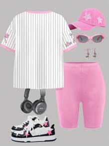 SHEIN Tween Girls' Casual Loose Set: Bowknot & Striped Letter Print Bright Pink Ballerina Graphic Crew Neck Short Sleeve T-Shirt & Shorts, Summer