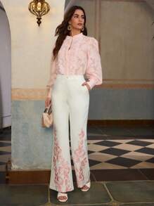 ZEYLAH Embroidered Color Block Elegant Flare Pants For Commuting, Spring/Summer - White - View 7