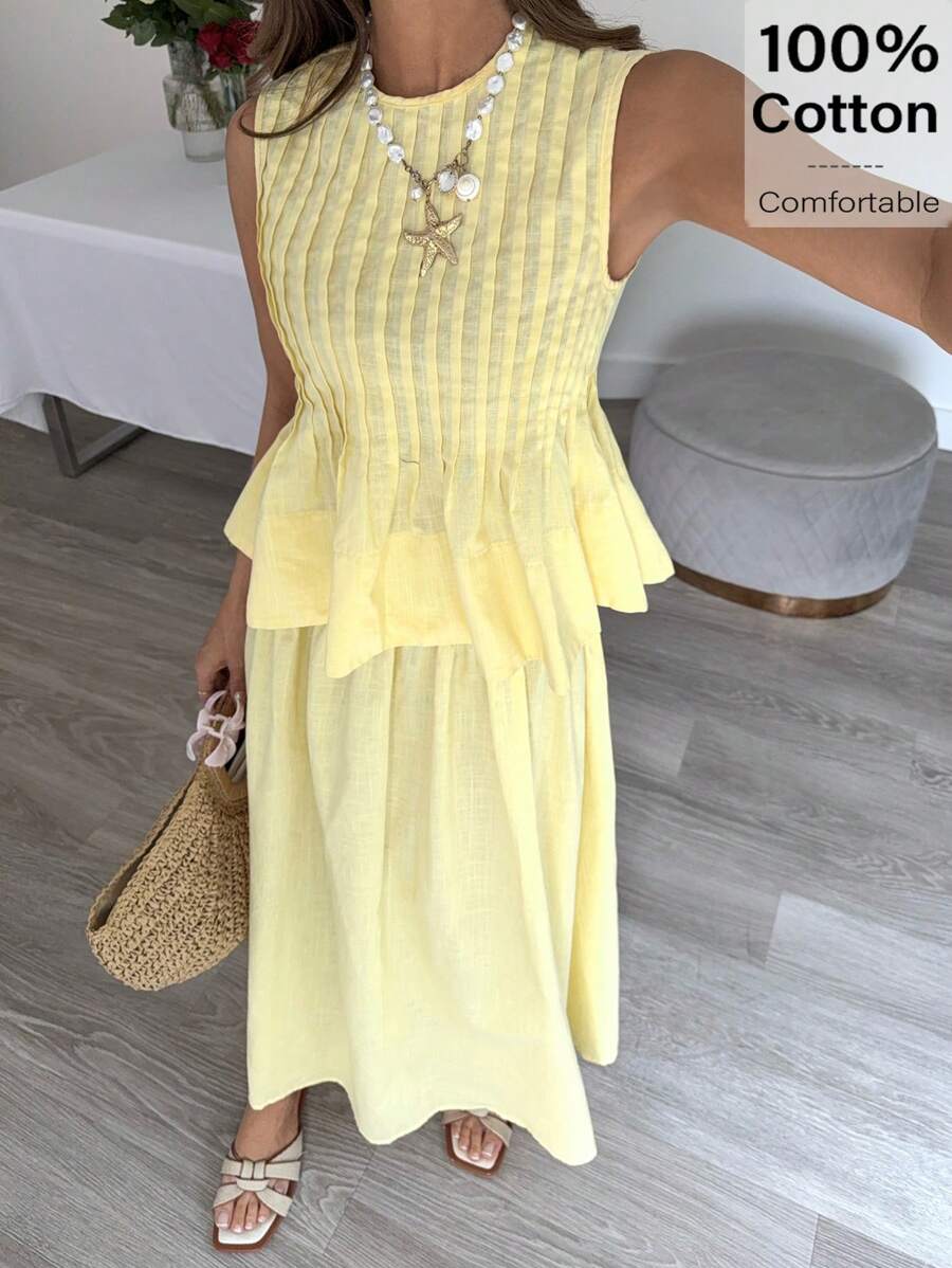 Siren Gaze 优雅厚重质感的褶皱A字裙，抗皱 - 黃色 - 查看 1