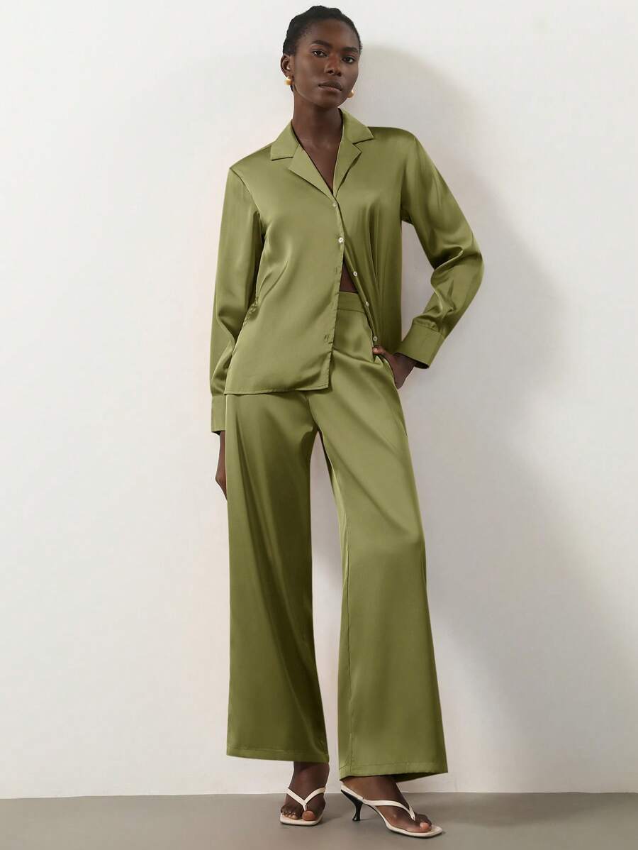 Aveloria Modichic Conjunto de 2 piezas para mujer compuesto por una camisa tipo cárdigan con cuello brilloso de estilo callejero casual y elegante, y pantalones anchos y sueltos