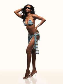 TypaGal Vestido corto de playa tipo cubrecosturas con diseño de zig-zag, calado y flecos, de color contrastante para mujer