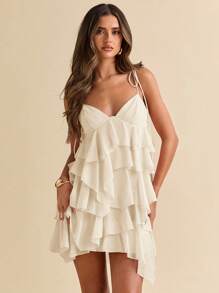 SHEIN BAE 夏季海边度假纯色荷叶边细节节日连衣裙荷叶边雪纺蛋糕裙吊带裙音乐节乡村音乐节演唱会返校婚礼伴娘 - 杏色 - 查看 6