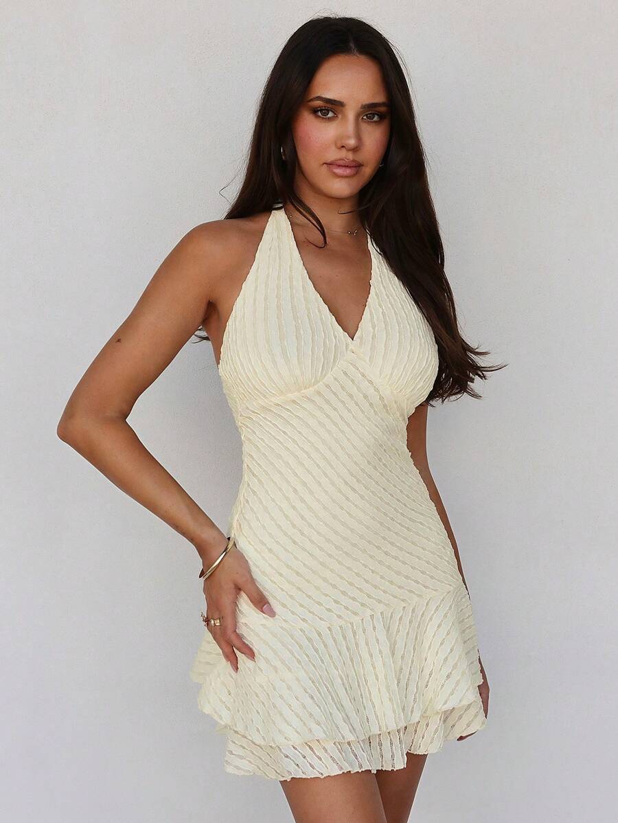Roylia Women's Elegant, Stylish V-Neck Sleeveless Ruffle Hem Bodycon Mini Dress - Apricot - View 1