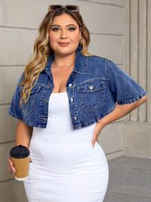 SHEIN SXY Plus Size Plain Pocket Front Button Casual Short Sleeve Denim Shirt Women Plus Clothing Formal Women Clothes Women Summer Shirts Summer Clothes Women Casual Dress - Dark Wash - View 1