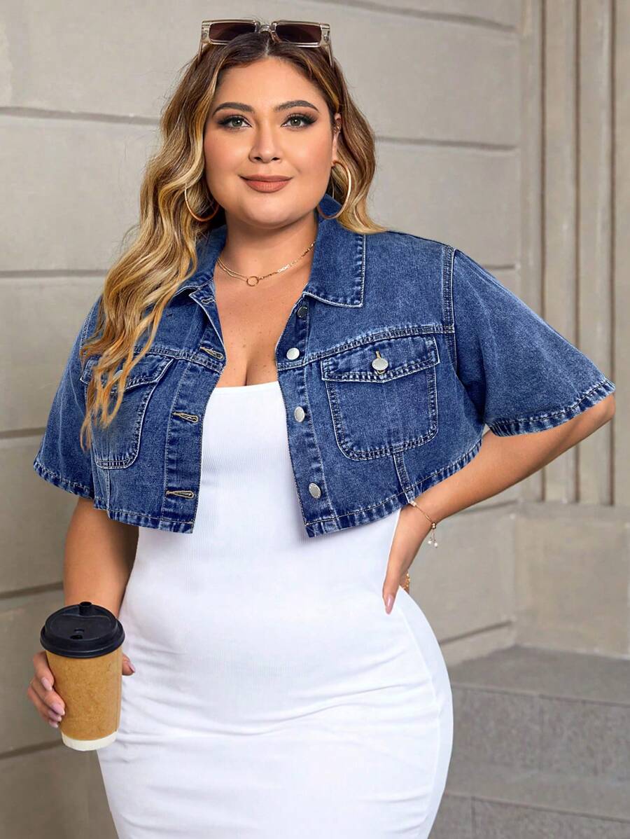 SHEIN SXY Plus Size Plain Pocket Front Button Casual Short Sleeve Denim Shirt Women Plus Clothing Formal Women Clothes Women Summer Shirts Summer Clothes Women Casual Dress - Dark Wash - View 1