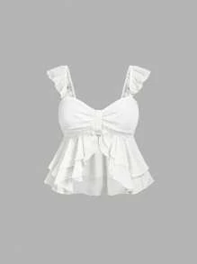 SHEIN MOD Damen weiße Zweiteiler für den täglichen Gebrauch, 2-teilige Sets für Damen, Sommer-Sets, Boho, Urlaub, Strand, luftiges Urlaubs-Zweiteiliges Set, Brunch-Outfits für Damen, Fairycore, elegant, Rüschen-Chiffon Zweiteiler - Weiss - Übersicht 7