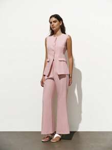 Chiquease Traje informal casual de un solo color sin mangas para uso diario en la ciudad - Rosa Pálido - Ver 8