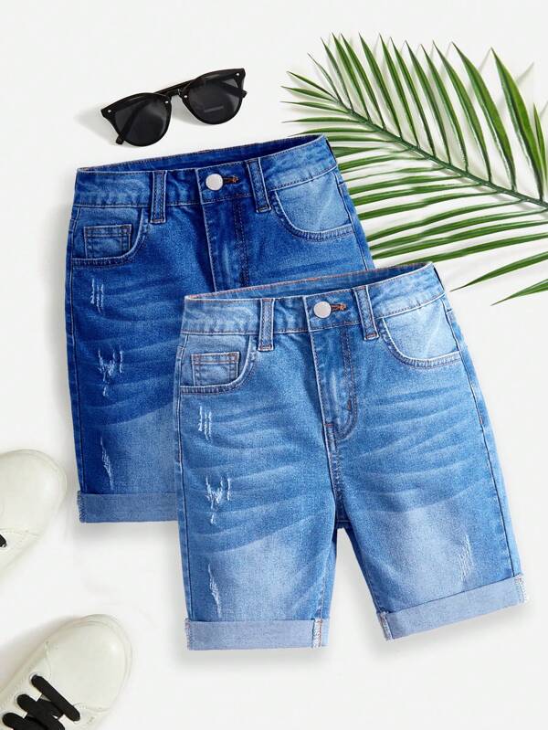 SHEIN 2 pièces Short en jean bleu simple et extensible style décontracté pour garçon adolescent. Vêtements de base adaptés aux enfants. Tenue pour l'été, le printemps, les festivals et la plage