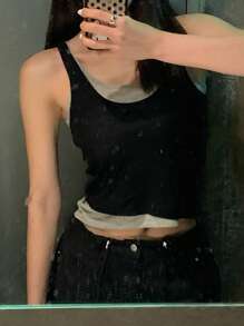 DAZY Women's Color Block Patchwork 2 In 1 Crew Neck Fitted Black Tank Top, Spring/Summer - Black - View 3