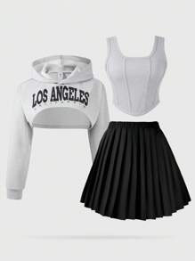 SHEIN 青少年女孩三件套，包括短款连帽衫、收腰背心和百褶裙，秋季返校学生服装 - 灰色 - 查看 1