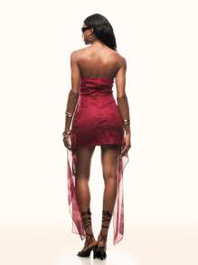 TypaGal Sexy Lace Patchwork Halter Bowknot Dress - Burgundy - View 2