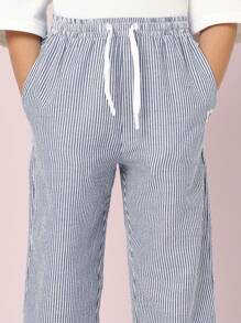 SUMWON Twill Seersucker Pull On Pants Relaxed Fit Classic Stripe Pattern Straight Leg Casual Everyday School Uniform Style Vacation Spring Summer