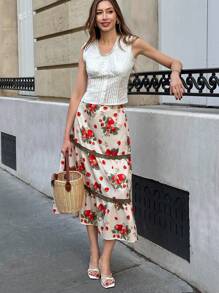Chiquease Elegant Elastic Waist Floral Lace Patchwork A-Line Skirt - Apricot - View 3