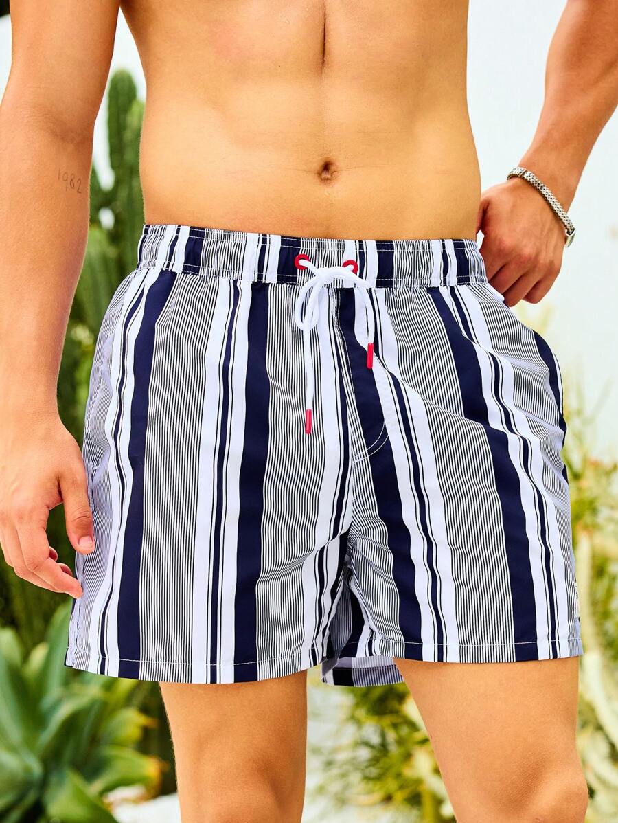 Surfspeed Men's Summer Holiday Contrast Stripe Drawstring Waist Beach Shorts - Multicolor - View 1