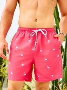 Manfinity Men's Flamingo Print Drawstring Waist Loose Beach Shorts, Hawaiian