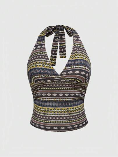 Hippie Vintage Totem All-Over Print Halter Neck Casual Summer Holiday Top